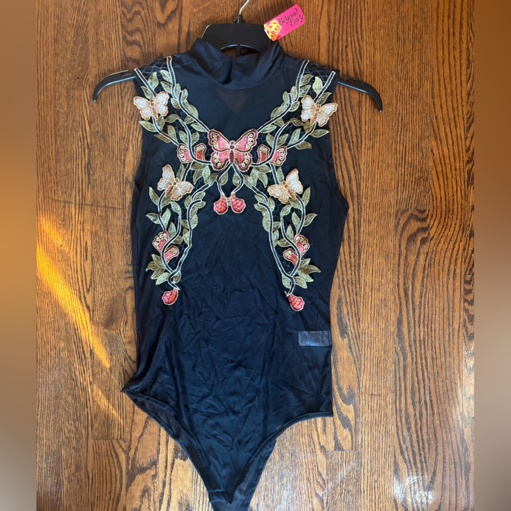 Black Bodysuit with Butterfly Embroidery